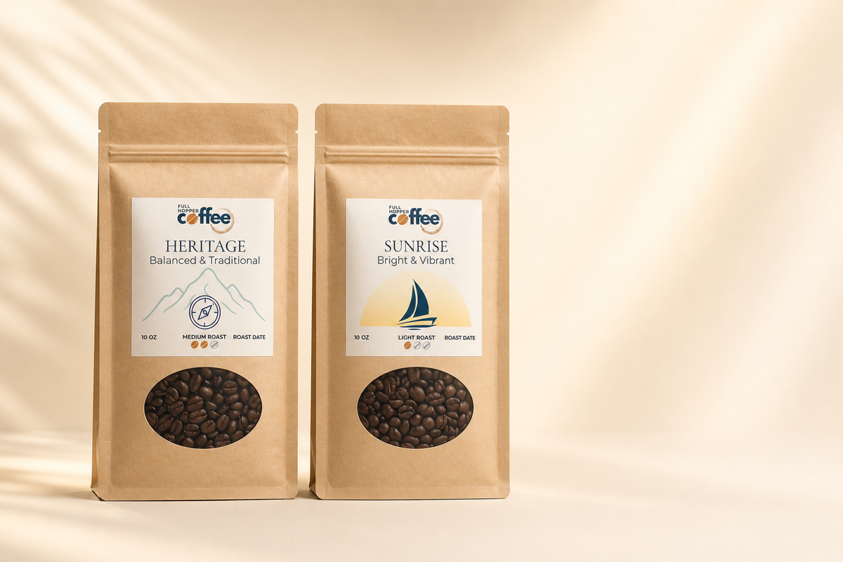 Two coffee packages labeled 'Heritage' and 'Sunrise' on a beige background